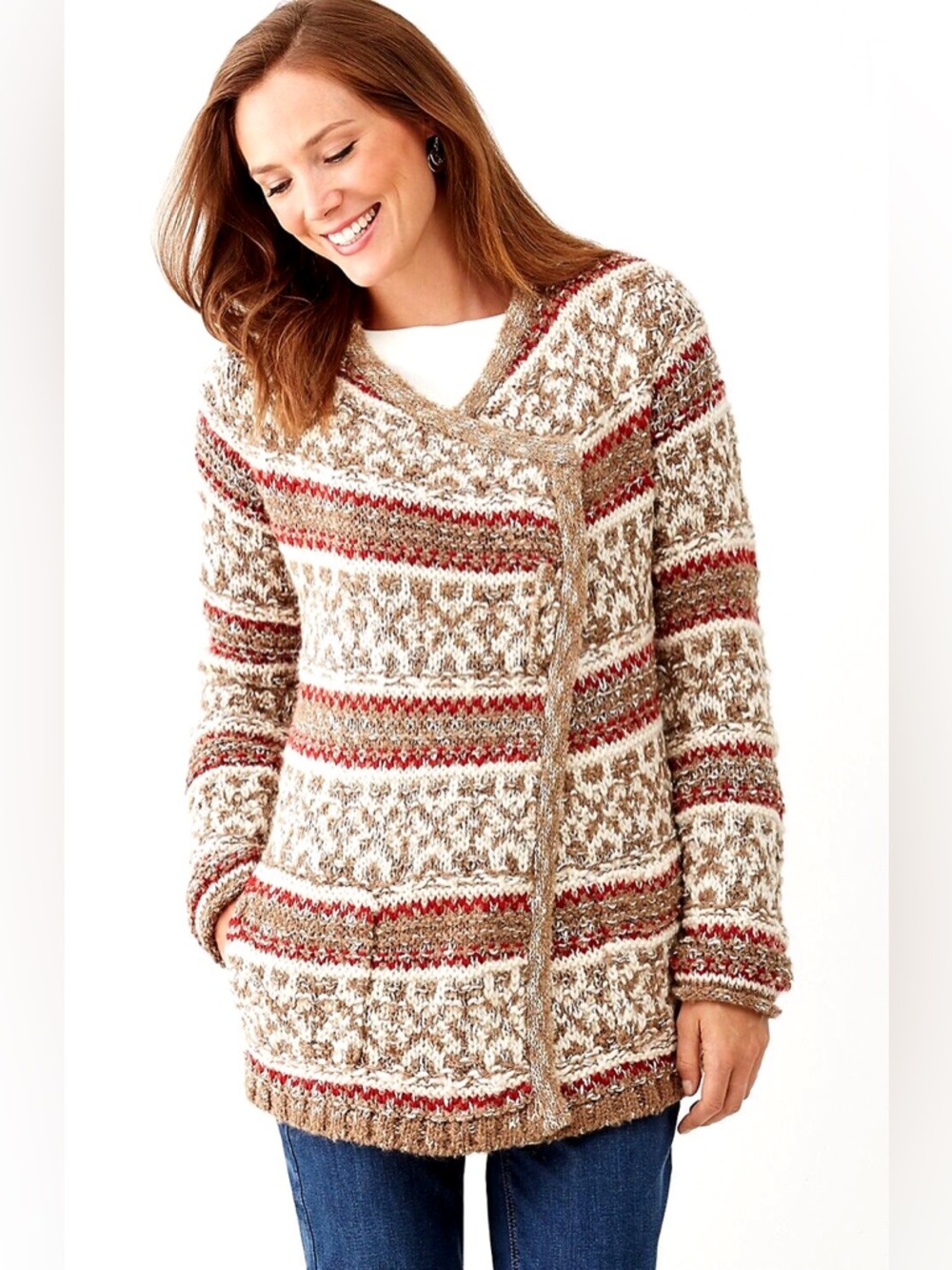 J. Jill Tan Red Fair Isle Wool Alpaca Chunky Draped Oversized Cardigan Size XS